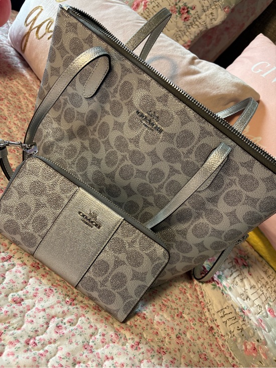 Coach Handbags - Coach Signature Canvas Tote and Wallet Set in Silver/Gray